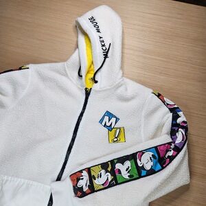 Disney Mickey Mouse Sherpa Fleece Hoodie Jacket Size M White Yellow Parks